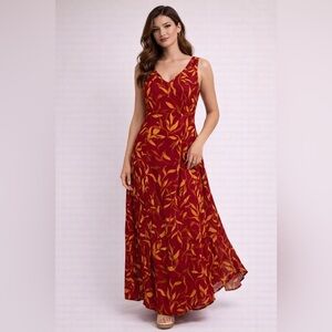 Vintage Y2K Red Yellow Floral Maxi Dress Flowy Lined Fairy Coastal Beach 14P